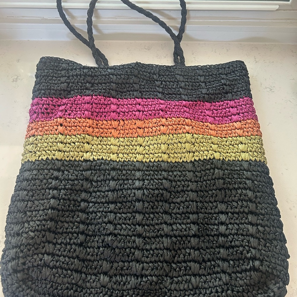 Universal‎ Thread Black Woven Tote with Pink, Orange, and Yellow Stripes